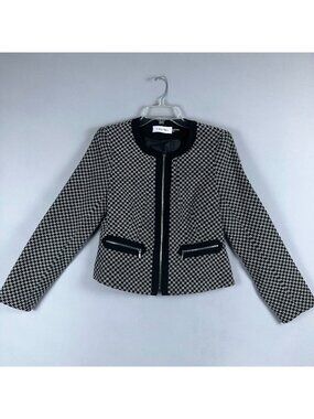 Calvin Klein Tweed Blazer Jacket Womens Size 12P Black White Textured Pattern Co